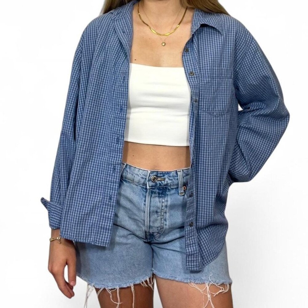 Vintage Faded Glory‎ Blue Button Up Shirt Women’s Cotton Checked Shirt Coverup